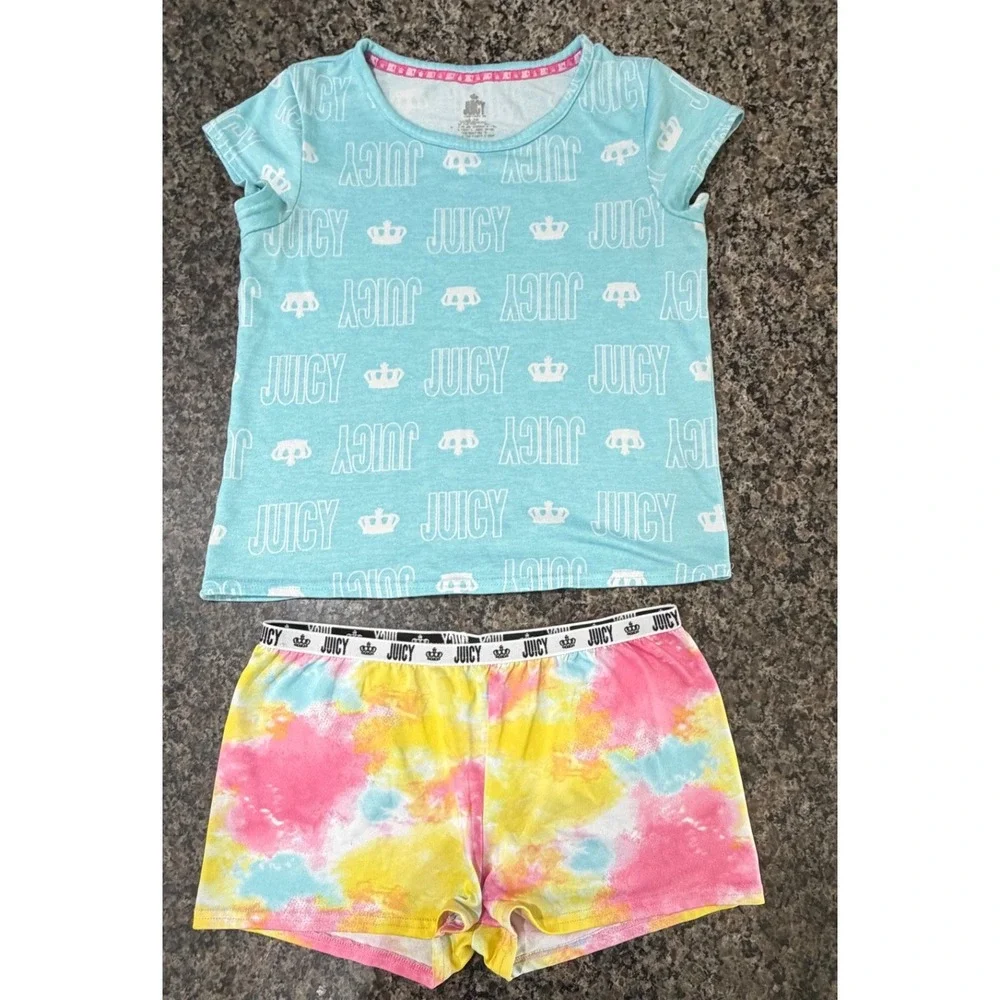 Juicy Couture Girls Pajama Set Size L 14 Blue Logo Top Tie Dye Shorts 2pc‎ PJ